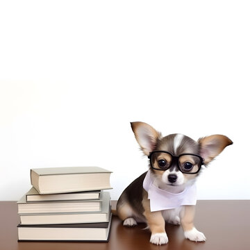 Cute chihuahua puppy with books about bedtime stories.