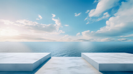 Obraz na płótnie Canvas Ocean landscape with pedestal showcase ,sea and sky.Use for product presentation and banner.Generative AI
