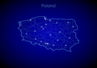 Poland concept map with glowing cities and network covering the country, map of Poland suitable for technology or innovation or internet concepts.