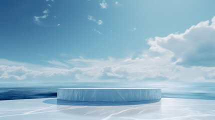 Ocean landscape with pedestal showcase ,sea and sky.Use for product presentation and banner.Generative AI