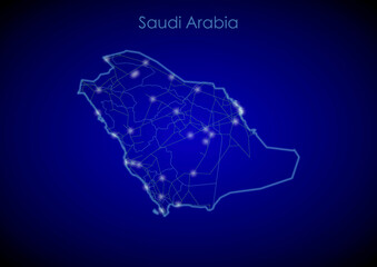 Saudi Arabia concept map with glowing cities and network covering the country, map of Saudi Arabia suitable for technology or innovation or internet concepts.