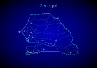 Senegal concept map with glowing cities and network covering the country, map of Senegal suitable for technology or innovation or internet concepts.