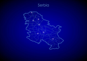 Serbia concept map with glowing cities and network covering the country, map of Serbia suitable for technology or innovation or internet concepts.