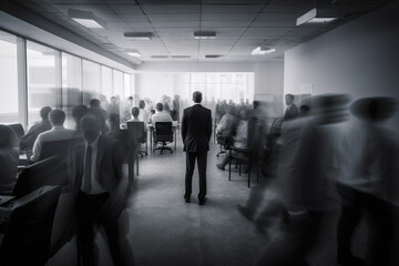 Multiple exposure portrait of businessman and atmosphere of fast paced business and modern workspace. Generative AI	