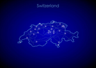 Switzerland concept map with glowing cities and network covering the country, map of Switzerland suitable for technology or innovation or internet concepts.