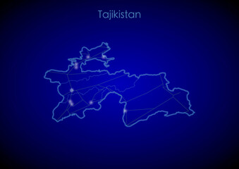 Tajikistan concept map with glowing cities and network covering the country, map of Tajikistan suitable for technology or innovation or internet concepts.