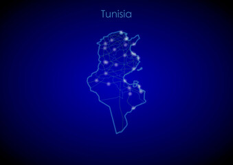 Tunisia concept map with glowing cities and network covering the country, map of Tunisia suitable for technology or innovation or internet concepts.