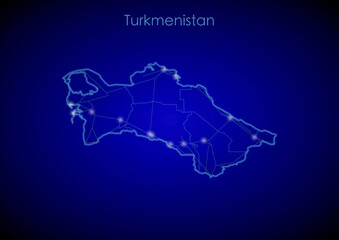Turkmenistan concept map with glowing cities and network covering the country, map of Turkmenistan suitable for technology or innovation or internet concepts.