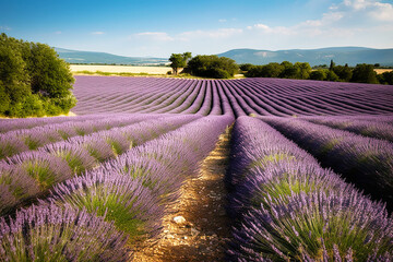 Fototapeta na wymiar Lavender landscape in the style of Provence. Manicured rows of lavender at sunset. Generative AI