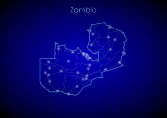Zambia concept map with glowing cities and network covering the country, map of Zambia suitable for technology or innovation or internet concepts.