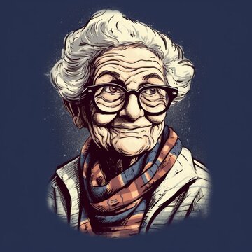 cheerful granny with glasses, portrait, drawing, generated in AI