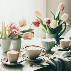 Fototapeta na wymiar Cups of coffee and tulips on the table, light and airy, generative ai