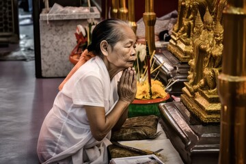Senior woman praying at Doi Suthep Temple for Visakha Puja, Buddha's birthday. Relic of Gautama Buddha's shoulder housed here. Photo generative AI