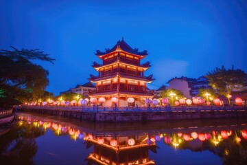 Beautiful blue hour at Phap Hoa Pagoda : Travel concept. Photo generative AI