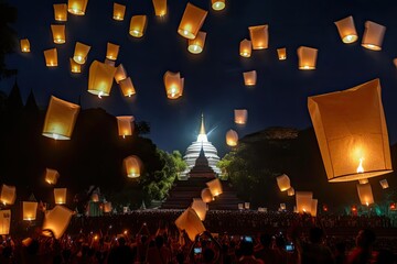 Buddhists Release Lanterns at Borobudur on Vesak Day,. Photo generative AI