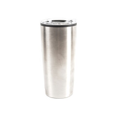 Thermo Cup of Stainless Metal with Plastic Black Insert and Transparent Cap Isolated on White Background