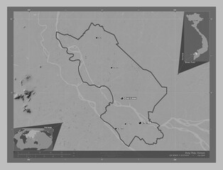 ong Thap, Vietnam. Grayscale. Labelled points of cities