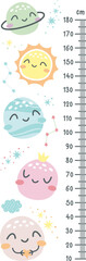 Vector ruler for measuring growth in children. Cute smiling planets 