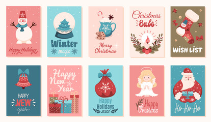 Fototapeta na wymiar Set of Christmas posters to create a unique design of your holiday card. Christmas characters and festive elements
