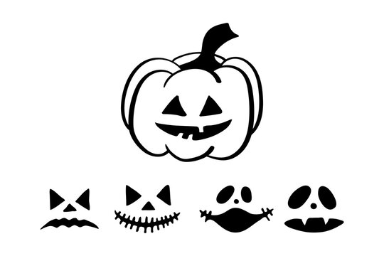 Halloween pictures in doodle style. Changed pumpkin face masks. Vector hand drawn Line art illustrations .