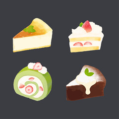 Set of Cake. Hand drawn watercolor vector illustration. Design elements. Matcha roll cake, Gateau chocolate, Cheesecake, Shortcake.