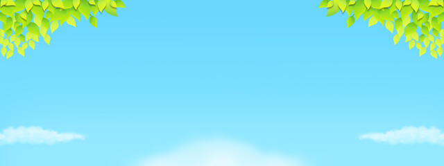 木の葉と青空の背景イラスト、季節のイメージ