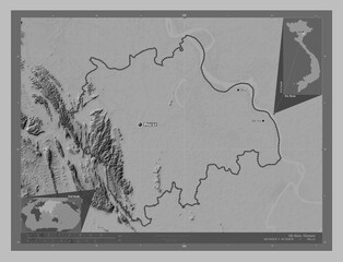 Ha Nam, Vietnam. Grayscale. Labelled points of cities