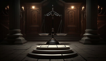 Scales of Justice in the dark Court Hall. Law concept. Generative AI - obrazy, fototapety, plakaty