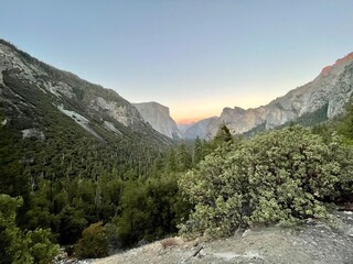 sunset over the mountains , Yosemite valley state park, USA