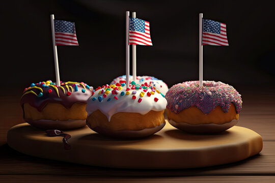 Patriotic donuts with American flag. 4th of July. Generative AI . Flag USA space for text 