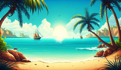 Fototapeta na wymiar Tropical Paradise Summer Travel Background with Palm Trees. Generative AI