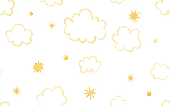 endess pattern, seamless pattern with sky elements, clouds, stars, golden isolated childish pattern