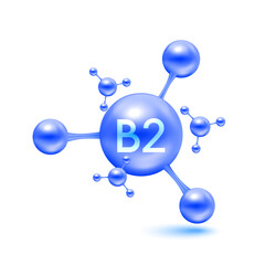 Vitamin B2 in the form of atoms molecules blue glossy. Icon 3D isolated on white background. Minerals vitamins complex. Medical and science concept. Vector EPS10 illustration.