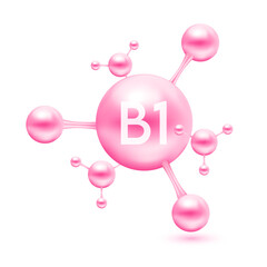 Vitamin B1 in the form of atoms molecules pink glossy. Icon 3D isolated on white background. Minerals vitamins complex. Medical and science concept. Vector EPS10 illustration.