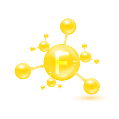 Vitamin F in the form of atoms molecules yellow glossy. Icon 3D isolated on white background. Minerals vitamins complex. Medical and science concept. Vector EPS10 illustration.