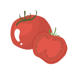 Red ripe tomato whole and cut. Farm products. Vegetarian food preparation. Vector illustration for farmers and food markets.