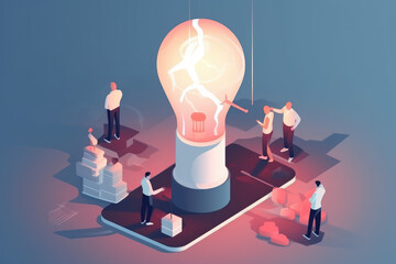 business illustration. small people characters develop creative business idea. Isometric big light bulb as metaphor idea. Graphics design, generative AI