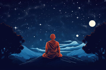 buddhist monk meditating under the starry sky, generative AI