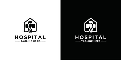 Hospital Logo. House with Plus Sign Combination and stethoscope isolated on black and white Background. Flat Vector Logo Design Element for Health and Medical Logo.