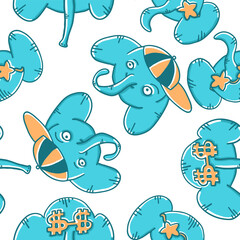Elephants seamless pattern. Vector illustration in cartoon flat style isolated on white background.