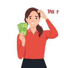 Businesswoman are confused with tax documents and how much she has to pay for tax.