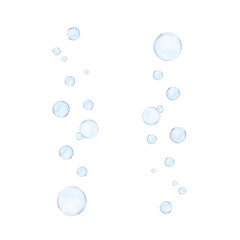 Watercolor drawn set of a stream of bubbles rising up on white background. Transparent realistic picture for illustration, stickers, logo, textile printing, pattern, rapport