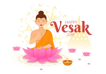 Vesak Day Celebration Vector Illustration with Temple Silhouette, Lotus Flower, Lantern or Buddha Person in Flat Cartoon Hand Drawn Templates