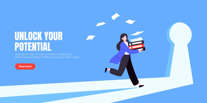 Unlock your opportunity concept with keyhole and ambitious woman running to career potential and work financial success flat style vector illustration. New way business beginnings and unlock future.