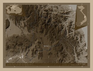 Kon Tum, Vietnam. Sepia. Labelled points of cities