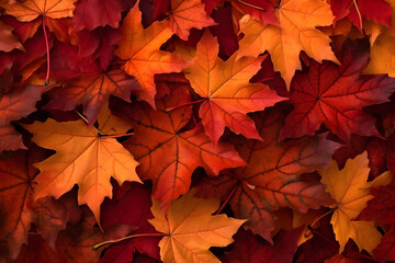 Naklejka na ściany i meble Red maple fall leaves, nature pattern. Autumn background, flat design. Orange leaf. Top view. Bright october texture. Image is AI generated.