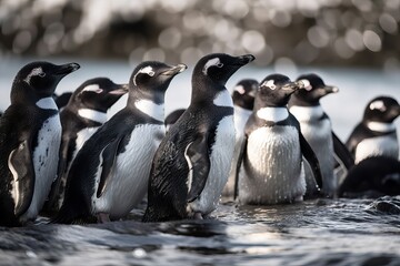 Fototapeta premium A group of penguins at the South Pole, generative AI