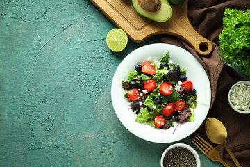 Concept of tasty food, salad with strawberry, space for text