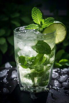 Mojito cocktail with lime and mint in glass on a black table over dark background. Cool refreshment drink close-up. Summer beverage with ice. Image is AI generated.