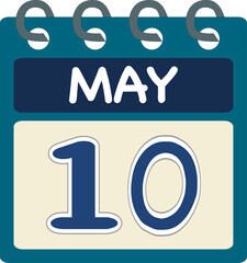 Flat icon calendar 10 of May. Date, day and month. Vector illustration . Blue teal green color banner. 10 May. 10th of May.